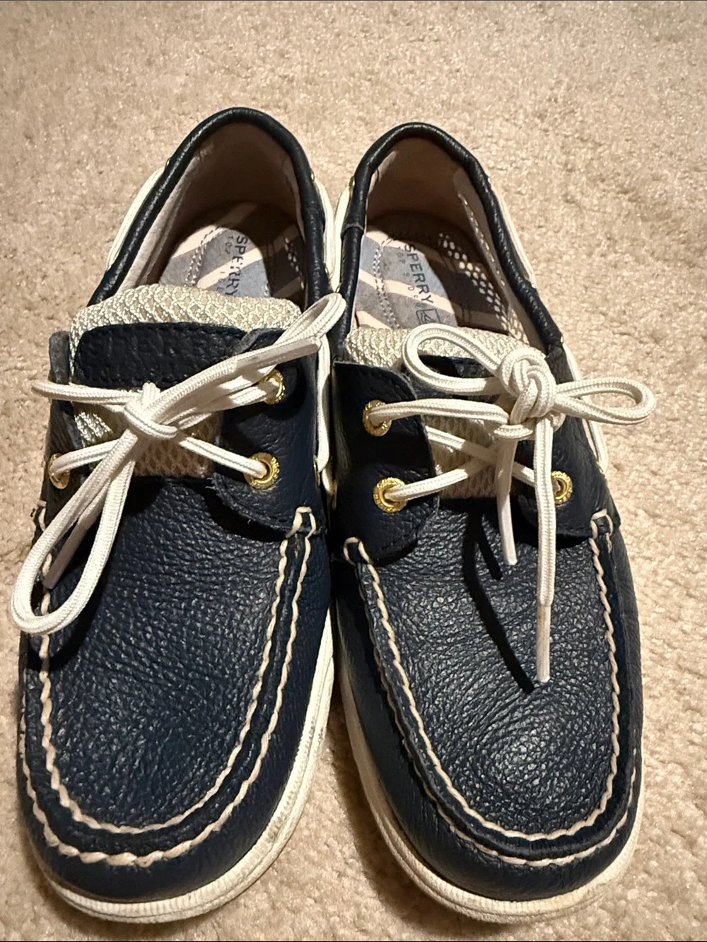 Sperry Navy and White Women's Mesh Boat Sneakers with Gold Eyelets